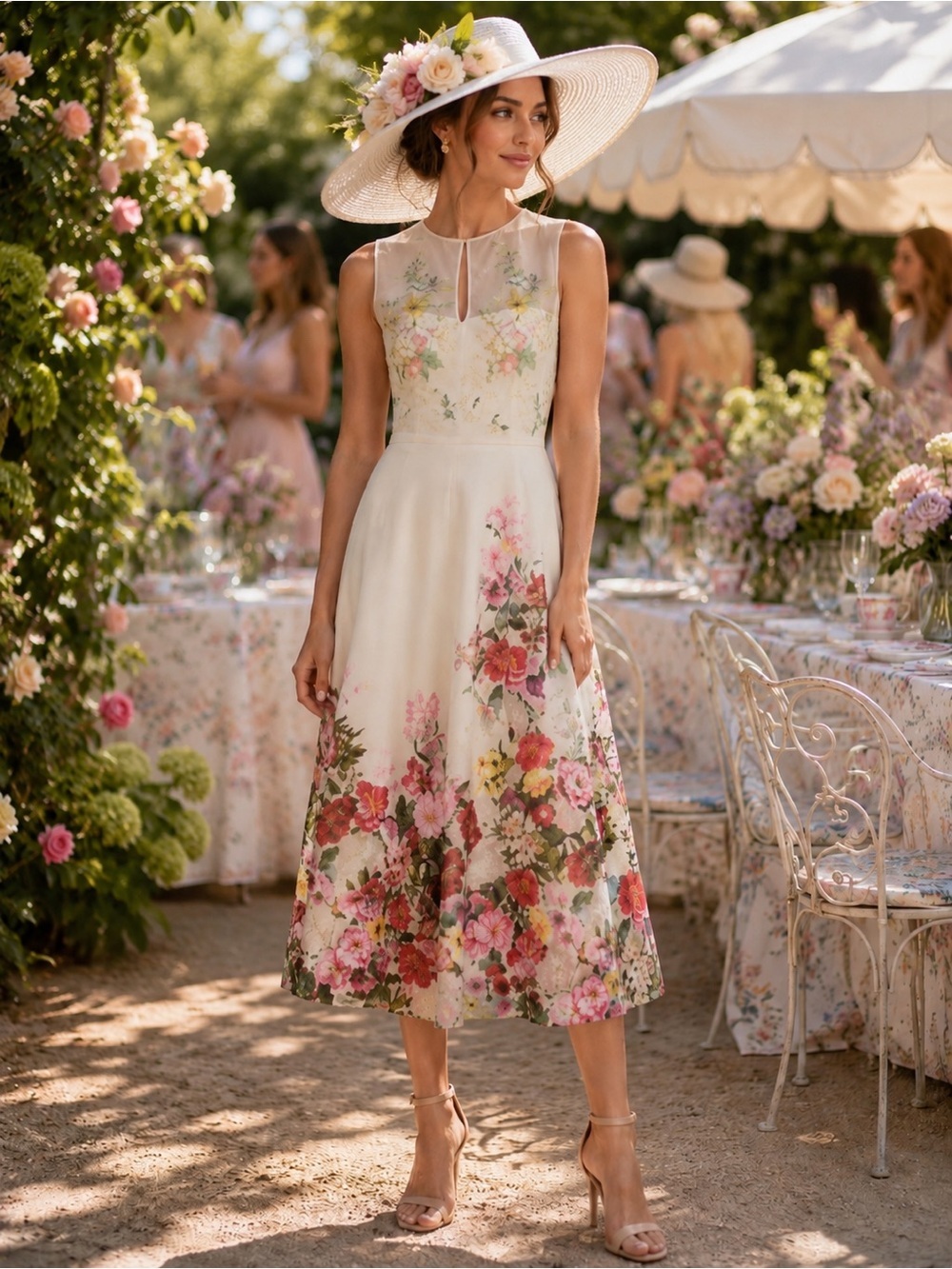 Alex Marie Cream Midi Dress with Pink & Green Floral Print